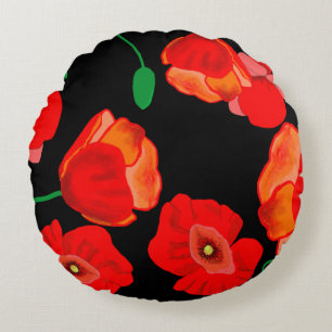 Red poppies on black background illustration  round cushion