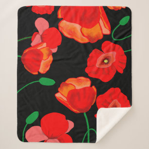 Red poppies on black background illustration sherpa blanket