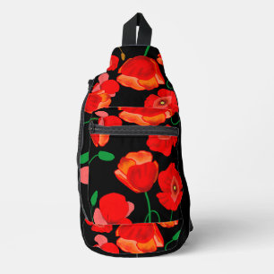 Red poppies on black background illustration sling bag