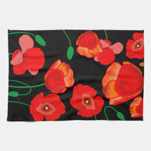 Red poppies on black background illustration  tea towel