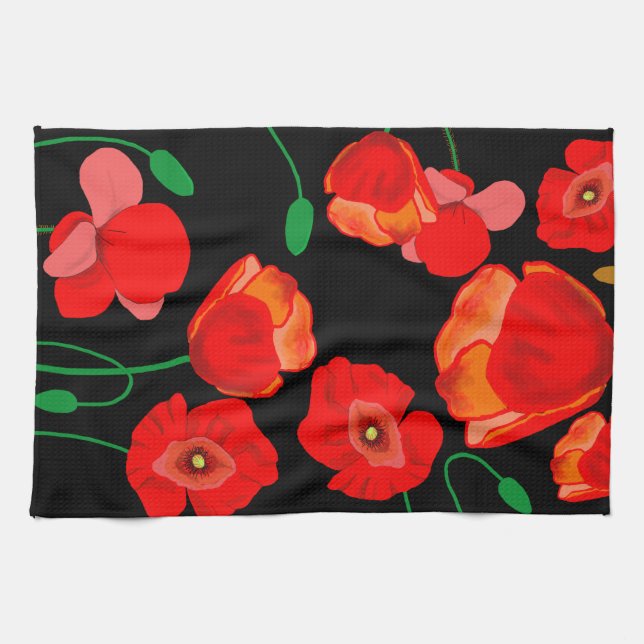 Red poppies on black background illustration  tea towel (Horizontal)