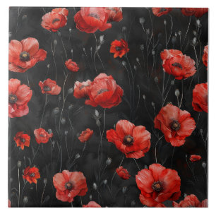 Red poppies on black ceramic tile
