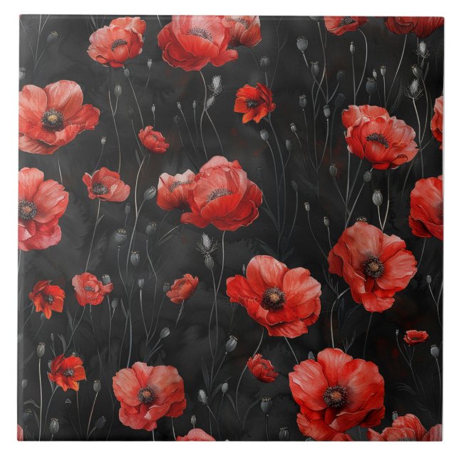 Red poppies on black ceramic tile (Front)