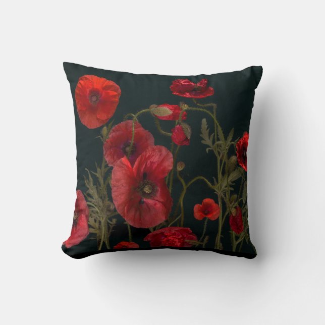Red Poppies On Black Cushion (Front)