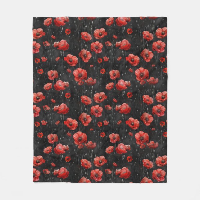 Red poppies on black fleece blanket (Front)
