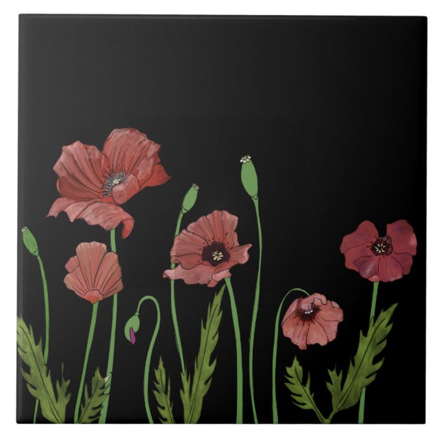 Red poppies on black kitchen tile (Front)
