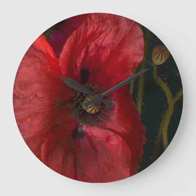 Red Poppies On Black Large Clock (Front)
