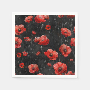 Red poppies on black napkin