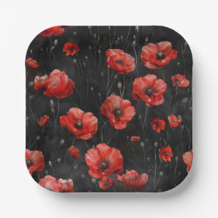 Red poppies on black paper plate