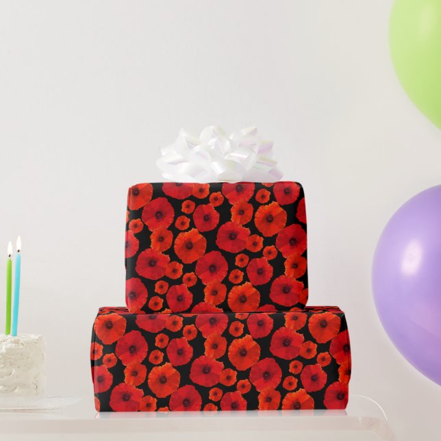Red Poppies on Black Patterned Birthday Wrapping Paper (Party Gifts)