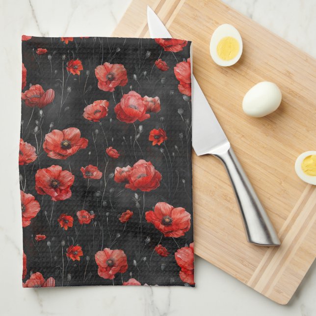 Red poppies on black tea towel (Quarter Fold)