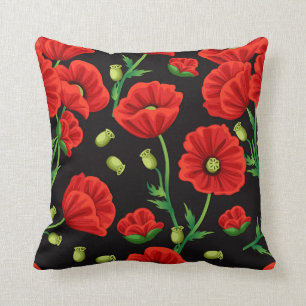 Red Poppies on Black Throw Pillow