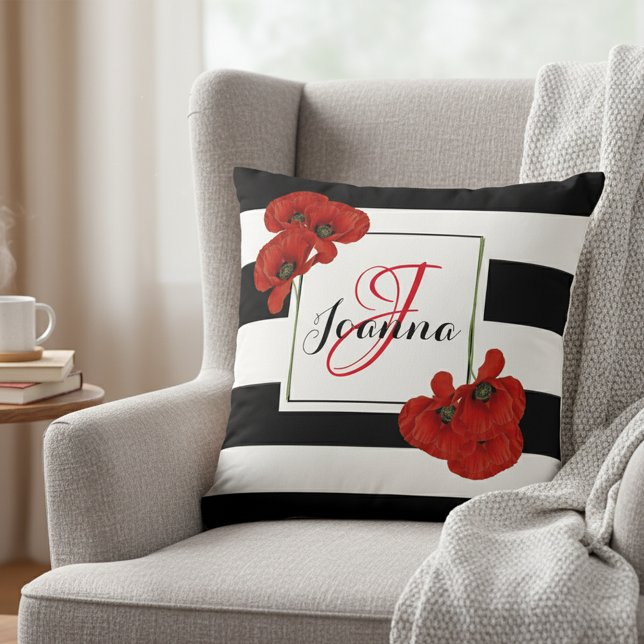 Red Poppies on Black & White Striped Background Cushion (Creator Uploaded)