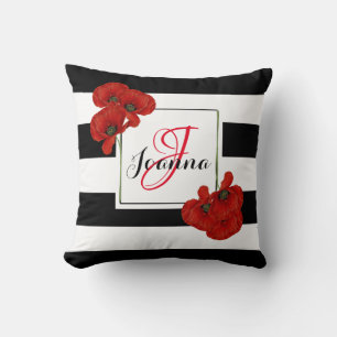 Red Poppies on Black & White Striped Background Cushion