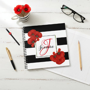 Red Poppies on Black & White Striped Background Notebook