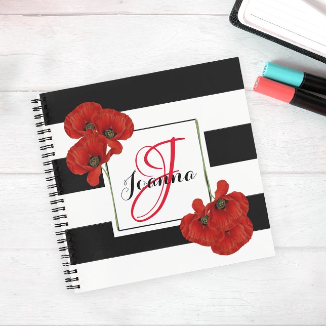Red Poppies on Black & White Striped Background Notebook (Creator Uploaded)
