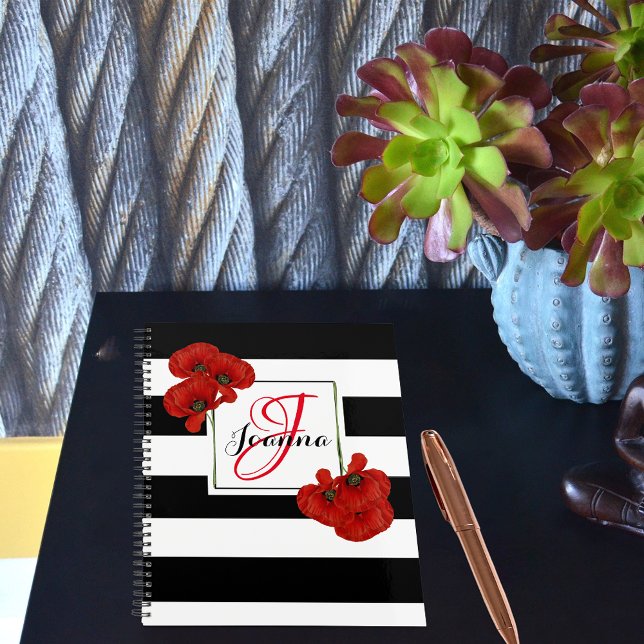 Red Poppies on Black & White Striped Background Planner (Creator Uploaded)