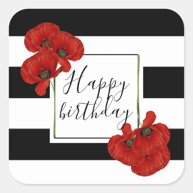 Red Poppies on Black & White Striped Background Square Sticker (Front)