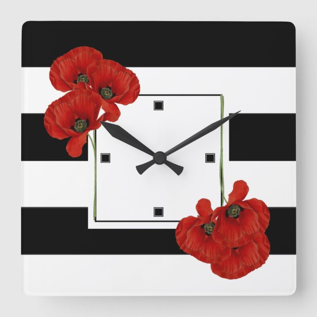 Red Poppies on Black & White Striped Background Square Wall Clock (Front)