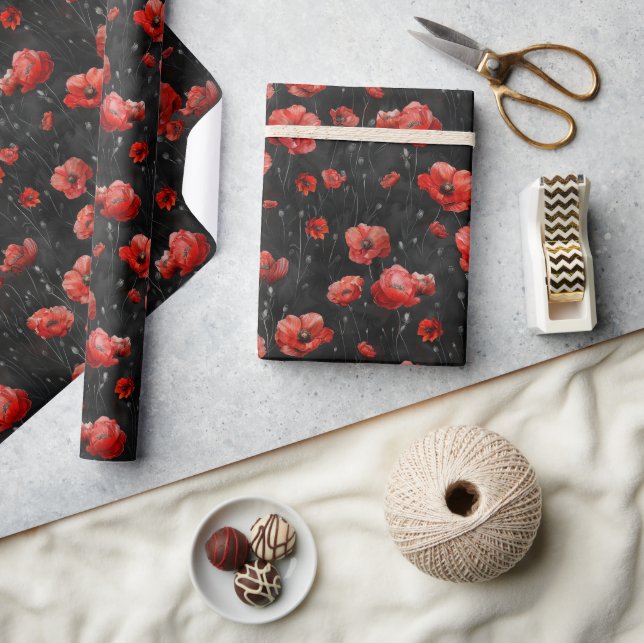 Red poppies on black wrapping paper (Crafts)