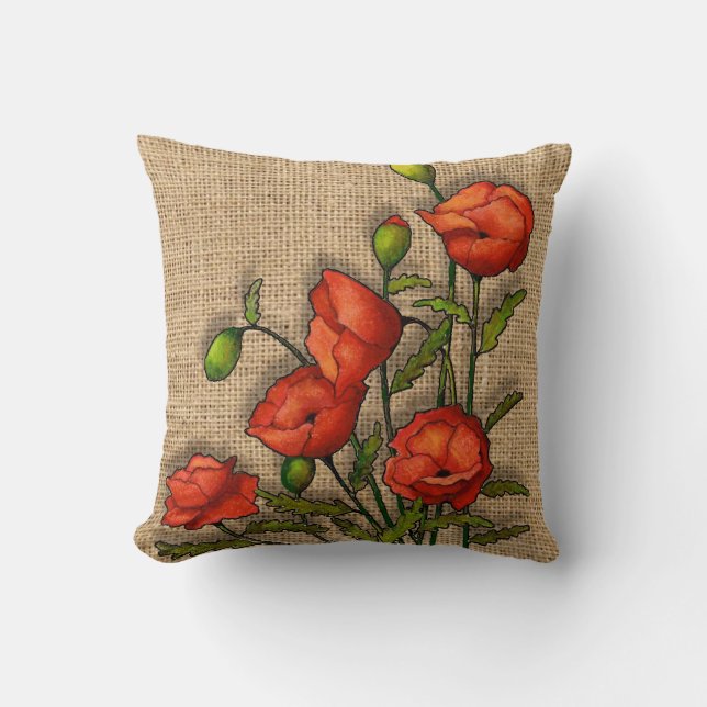 Red Poppies on Burlap Background, Art Cushion (Front)