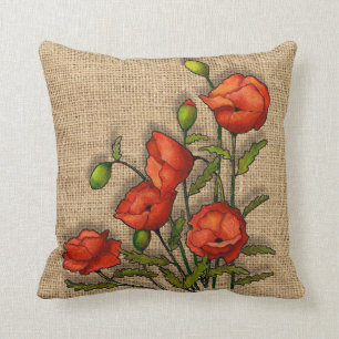 Red Poppies on Burlap Background, Art Cushion