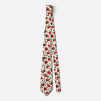 Red Poppies on Cream Tie