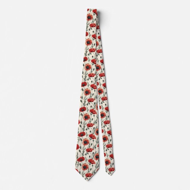Red Poppies on Cream Tie (Front)