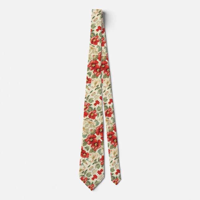 Red Poppies on Cream Tie (Front)
