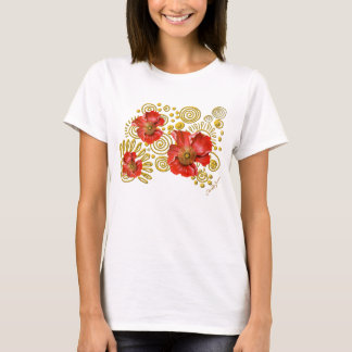 Red Poppies on Gold Spirals T-Shirt
