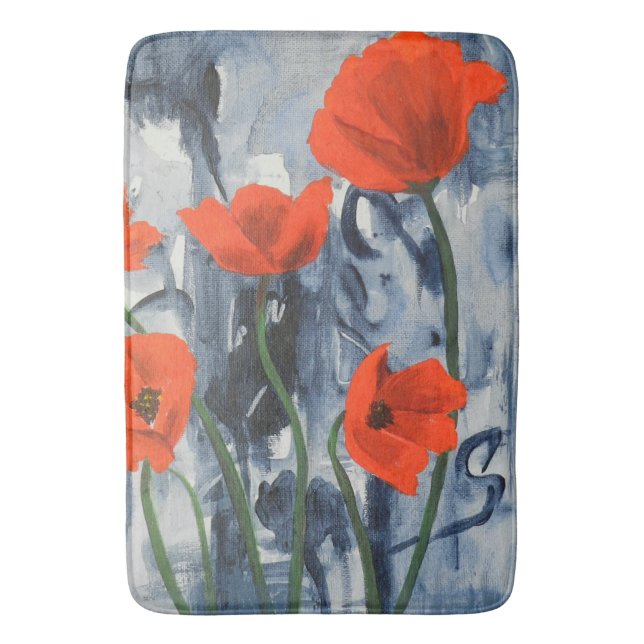 Red Poppies on Grey Bath Mat (Front Vertical)