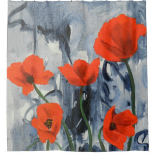 Red Poppies on Grey Shower Curtain
