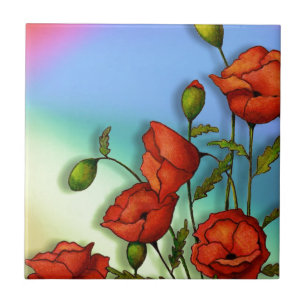 Red Poppies on Multi-Colour Background: Art Tile
