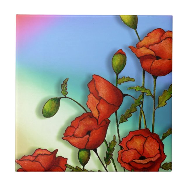 Red Poppies on Multi-Colour Background: Art Tile (Front)
