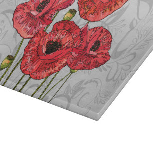 Red Poppies on Whimsical Grey Floral Cutting Board
