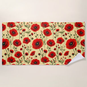 Red poppies pattern beach towel
