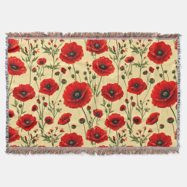 Red poppies pattern throw blanket (Front)