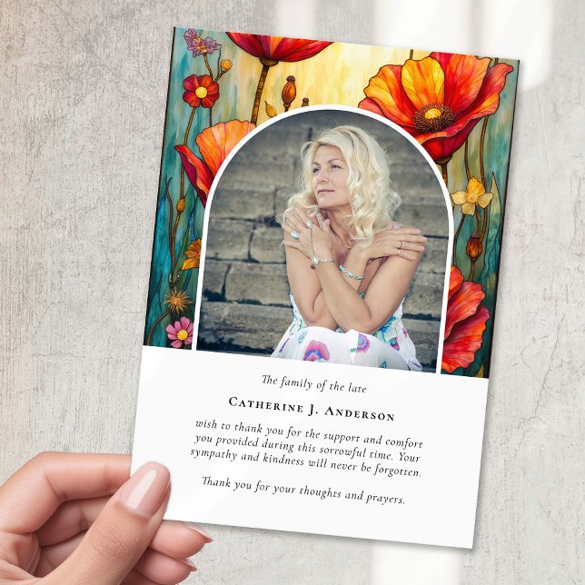 Red Poppies Photo Sympathy Funeral Memorial Thank You Card (Creator Uploaded)