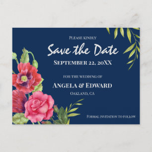 Red Poppies Pink Rose Wedding Save The Date Announcement Postcard