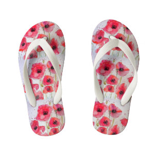 Red Poppies poppy floral Watercolour Beach Thongs