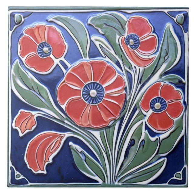 Red Poppies Poppy Flower Art Deco Nouveau Folk Art Ceramic Tile (Front)