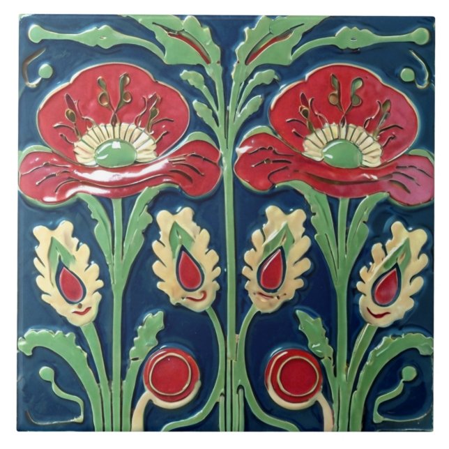 Red Poppies Poppy Flower European Folk Art Ceramic Tile (Front)