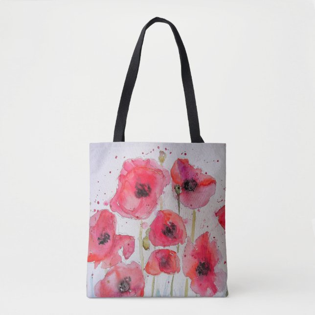 Red Poppies Poppy Watercolour Grocery Tote Bag (Front)