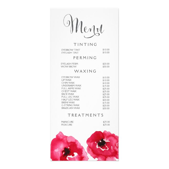 Red Poppies Spa Salon Beautician Menu Price List (Front)