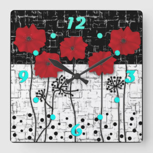 Red poppies square wall clock