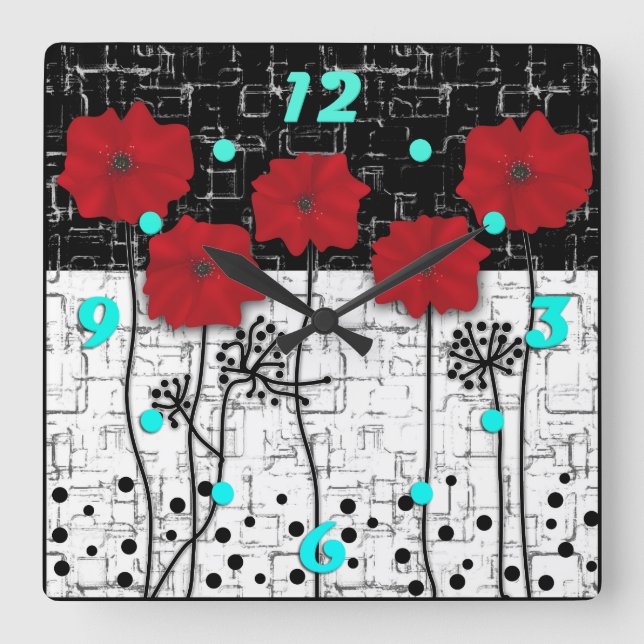 Red poppies square wall clock (Front)