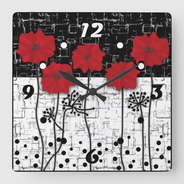Red poppies square wall clock (Front)