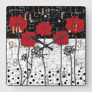 Red poppies square wall clock