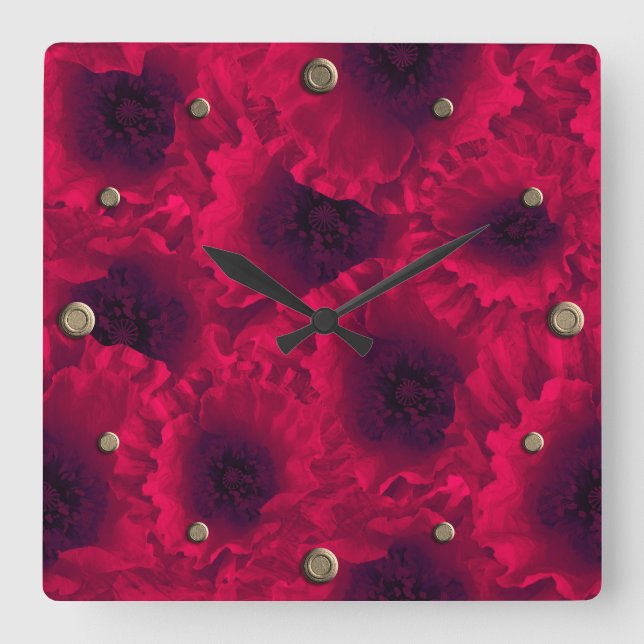 Red poppies square wall clock (Front)