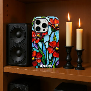 Red Poppies Stained Glass Style iPhone 16 Pro Case